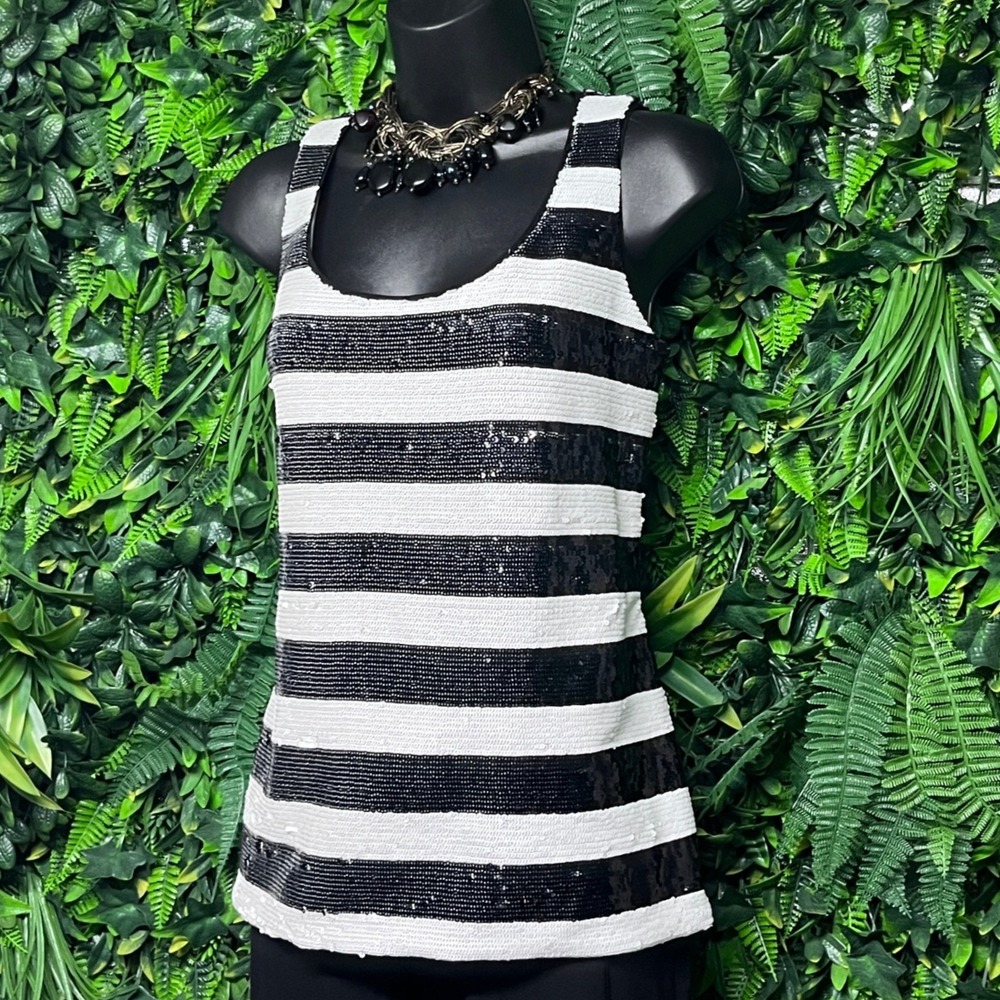 White House Black Market Top Small Black White Sequins Striped Tank‎ 3251